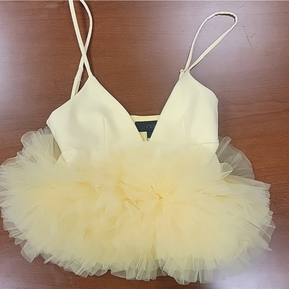 🎀🆕️Zara XS Yellow Stretch Tulle Ruffle Hem Crop Top 4772/005